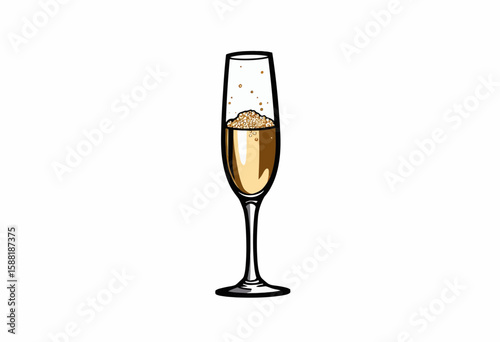 Champagne flute with bubbly drink and golden liquid inside  