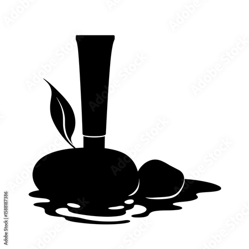 Silhouette of cosmetic tube on rock with leaf – Earth-inspired skin care, natural harmony
