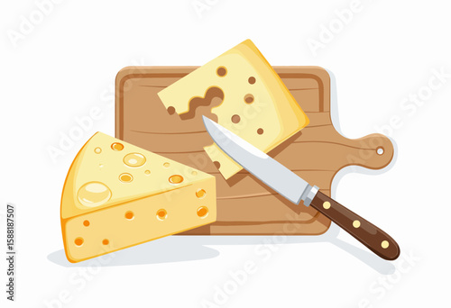 Cheese wedges and knife on wooden cutting board  