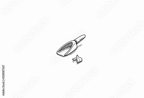 Kitchen scoop with handle and small piece of food on white background  