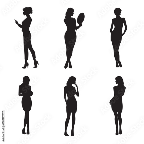 woman silhouette set looking in mirror, Black & White silhouette set