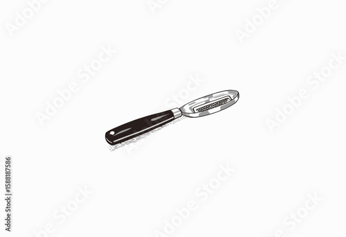 Kitchen peeler with black handle and stainless steel blade  