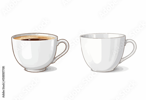 Two white coffee cups, one filled with dark coffee, isolated  
