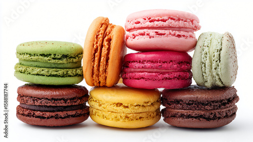Colorful Macarons Stack: A delightful assortment of colorful macarons arranged in a visually appealing stack, inviting a moment of sweet indulgence.