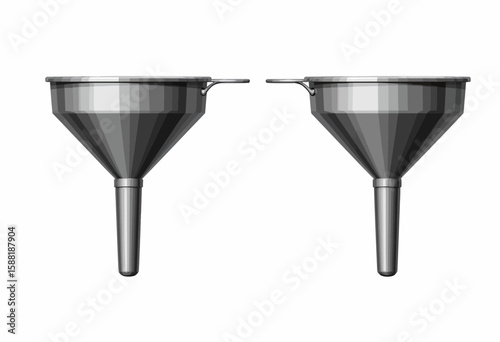 Two metallic funnels on white background  