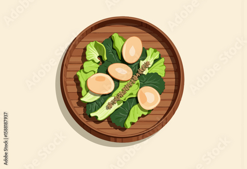 Eggs and greens on a wooden plate in a minimalist style  