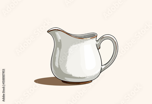 White ceramic cream pitcher with a smooth surface and handle  