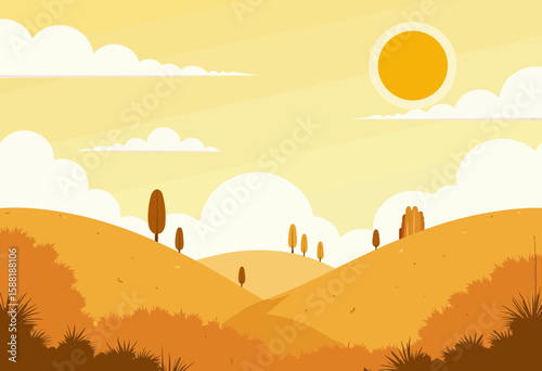 Serene landscape with rolling hills and sun against yellow sky  