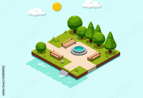 Isometric park illustration with fountain and benches in sunlight  