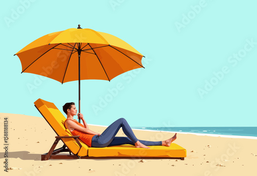 Young woman relaxing under yellow umbrella on beach in summer  