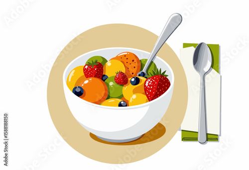 Fresh fruit salad in a white bowl with a spoon and napkin  