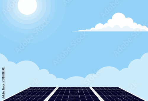 Solar panels under clear blue sky with sun and clouds  