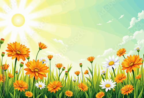 Bright spring meadow with blooming flowers under the sun  