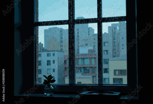 Urban scene through window with rain and potted plant on sill  