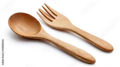 Artisan Wooden Utensils: An artful display of a wooden spoon and fork. Crafted from smooth wood, these utensils embody simplicity, functionality, and sustainable living, perfect for culinary pursuits.