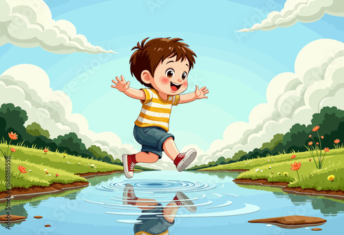 Young boy jumping in puddle and smiling in sunny countryside  