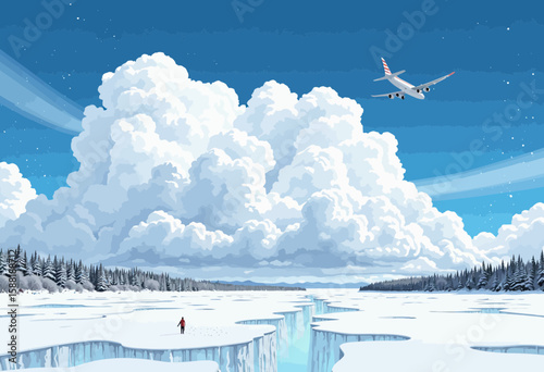 Airplane flying over icy river with clouds and snowy landscape  