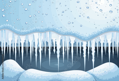 Icy winter landscape with snow and icicles hanging from roof  