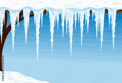 Icicles hanging from tree branches under a clear winter sky  