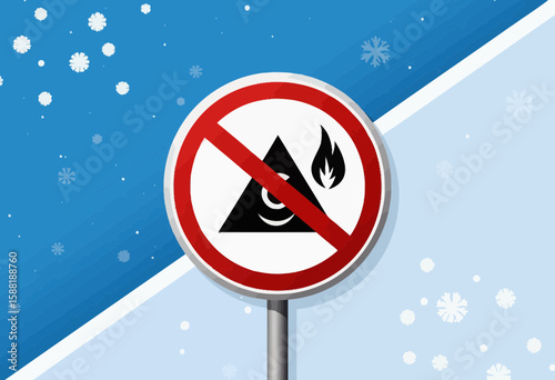 No fire symbol sign on winter background with snowflakes  