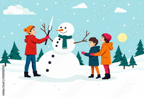 Children building a snowman together in winter wonderland setting  
