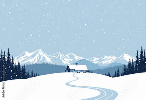 Snowy landscape with a cabin and mountains under a blue sky  