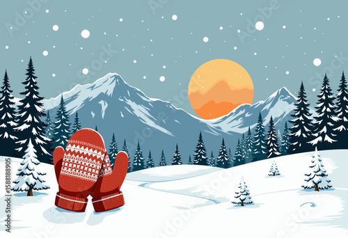 Cozy red mittens resting in snowy landscape with mountains and sun  