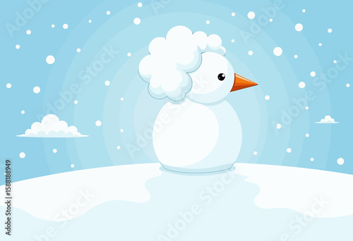 Snowman with fluffy head standing in snowy landscape under sky  