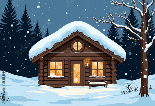 Cozy wooden cabin in snow during winter evening with snowfall  
