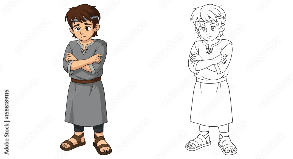 Naklejka premium Character Portrait: A young boy stands with arms crossed, dressed in simple attire. His expression reflects a moment of reflection, capturing a sense of thoughtful introspection.