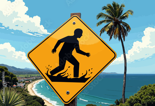 Caution wet floor sign with silhouette of walking figure by beach  