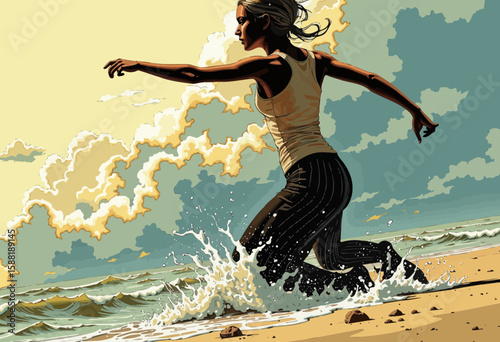 Young woman running joyfully along the beach and splashing water  