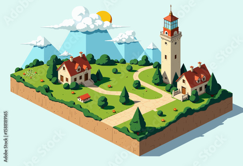 Illustrative landscape with houses, tower, trees, and mountains  