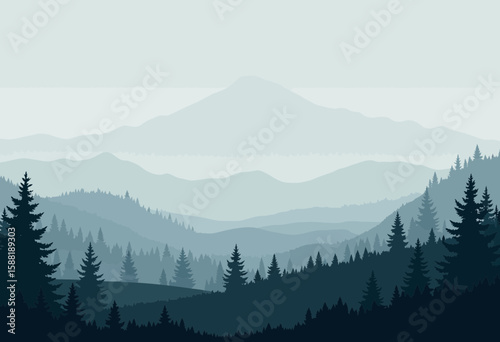 Serene mountain landscape with layered hills and evergreen trees  