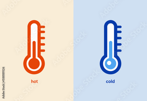 Thermometers showing hot in red and cold in blue on backgrounds  