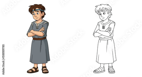 Young Man in Robe: A sketch illustration of a youthful figure in a simple robe, with a band on his head, standing with folded arms. An outline version is next to it.