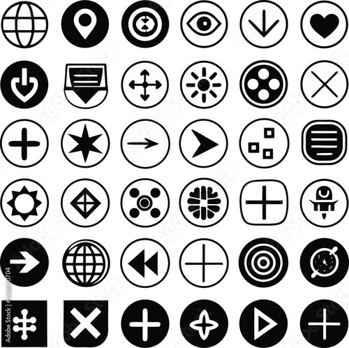 Collection of diverse circular and square black and white icons representing navigation controls media playback and common symbols for digital interfaces