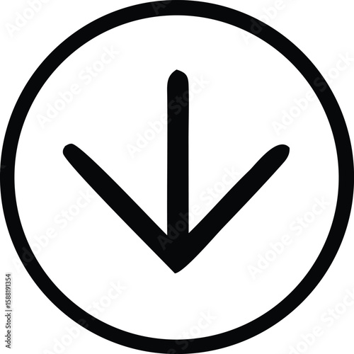 A bold black downward pointing arrow is centered within a thick black circular outline on a clean white background