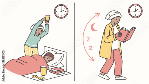 Illustration showing a person waking someone up and another person reading at night time routine