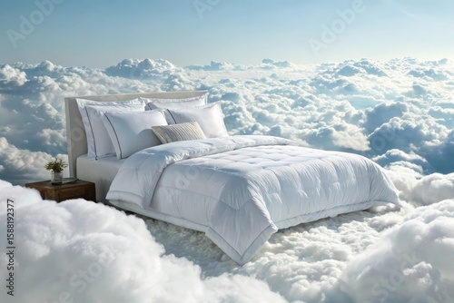Luxurious white bed floating comfortably amongst soft clouds under a blue sky
