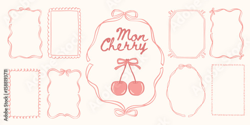 Hand drawn vintage frame with ribbon, bow, whimsical doodle line and cute French coquette details for romantic stationery, greeting cards, branding or delicate packaging design.