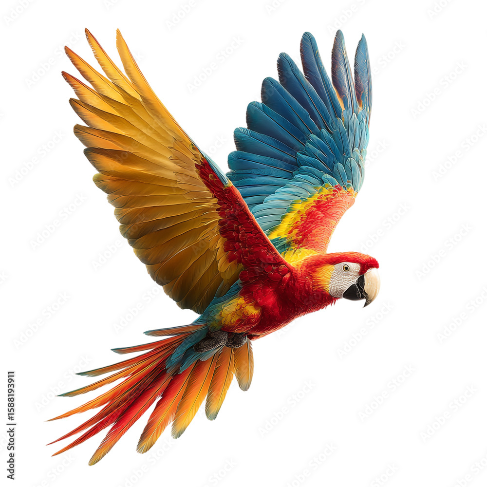 Fototapeta premium A colorful macaw in midflight against a on transparent background