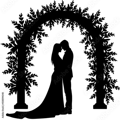 Silhouette of couple under floral arch – Wedding vow setting, romance