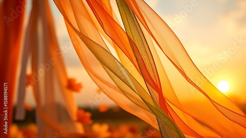 Saffron, white, and green silk ribbons flowing against a sunset sky with marigold petals.