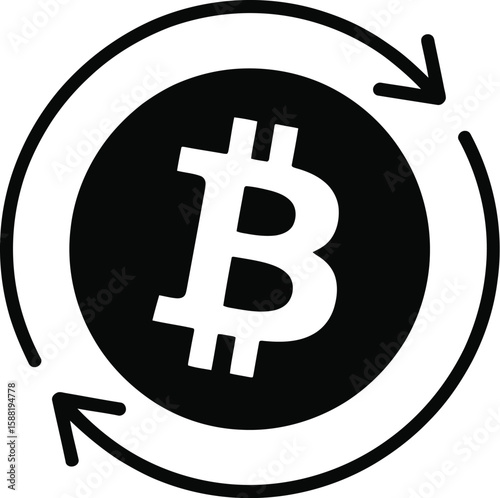 Black and white bitcoin symbol with circular arrows on a light gray background
