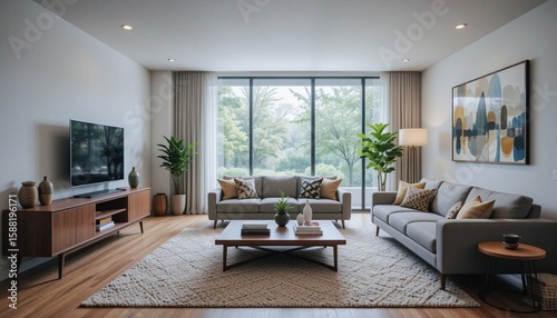 Bright modern living room with two sofas, large window overlooking nature, and minimalist decor. Calm & spacious.
