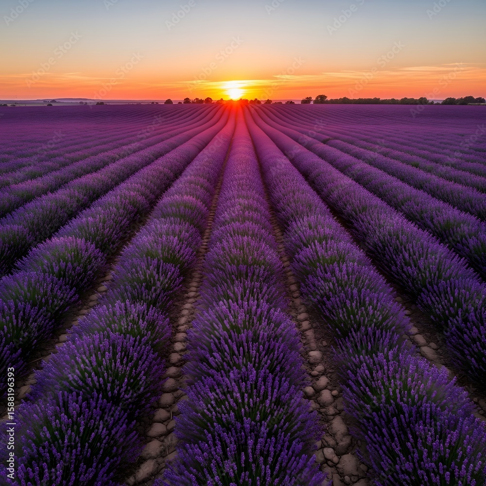 Obraz premium Vibrant Lavender Field at Sunset: Rows of Purple Blooms Illuminated by the Golden Hour, Evoking Serenity and Natural Beauty