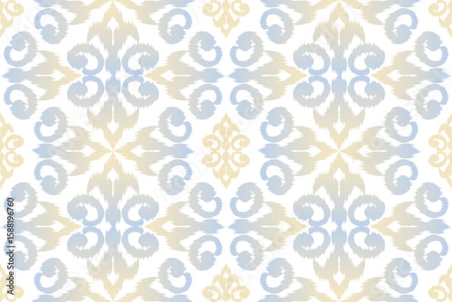 Seamless pastel Ikat pattern in soft blue, beige, and gray tones. Hand-drawn textile design perfect for fabrics, wallpapers, packaging, and home decor.
