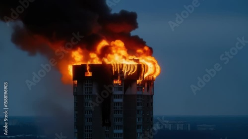 High-Rise Building Engulfed in Flames with Thick Black Smoke Rising During Dusk