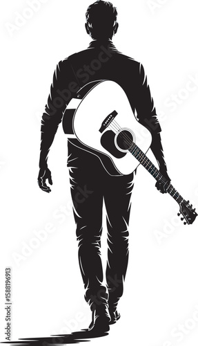 Silhouette of a man walking away carrying an acoustic guitar on his shoulder
